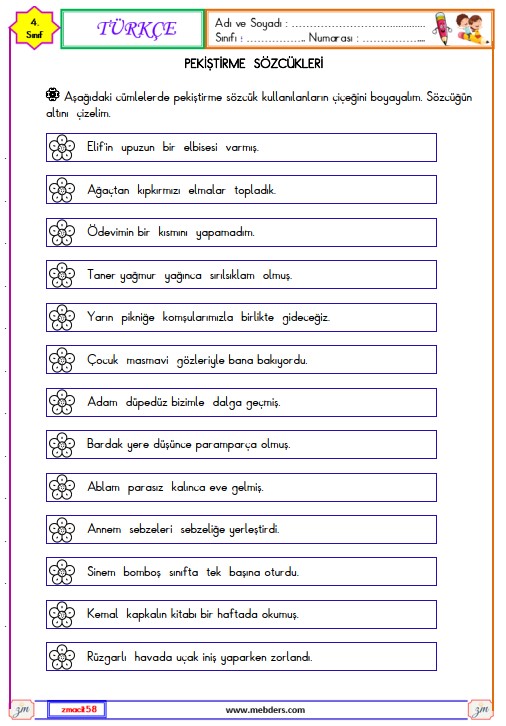 4. Sınıf Türkçe Pekiştirme Sözcükleri Etkinliği 1